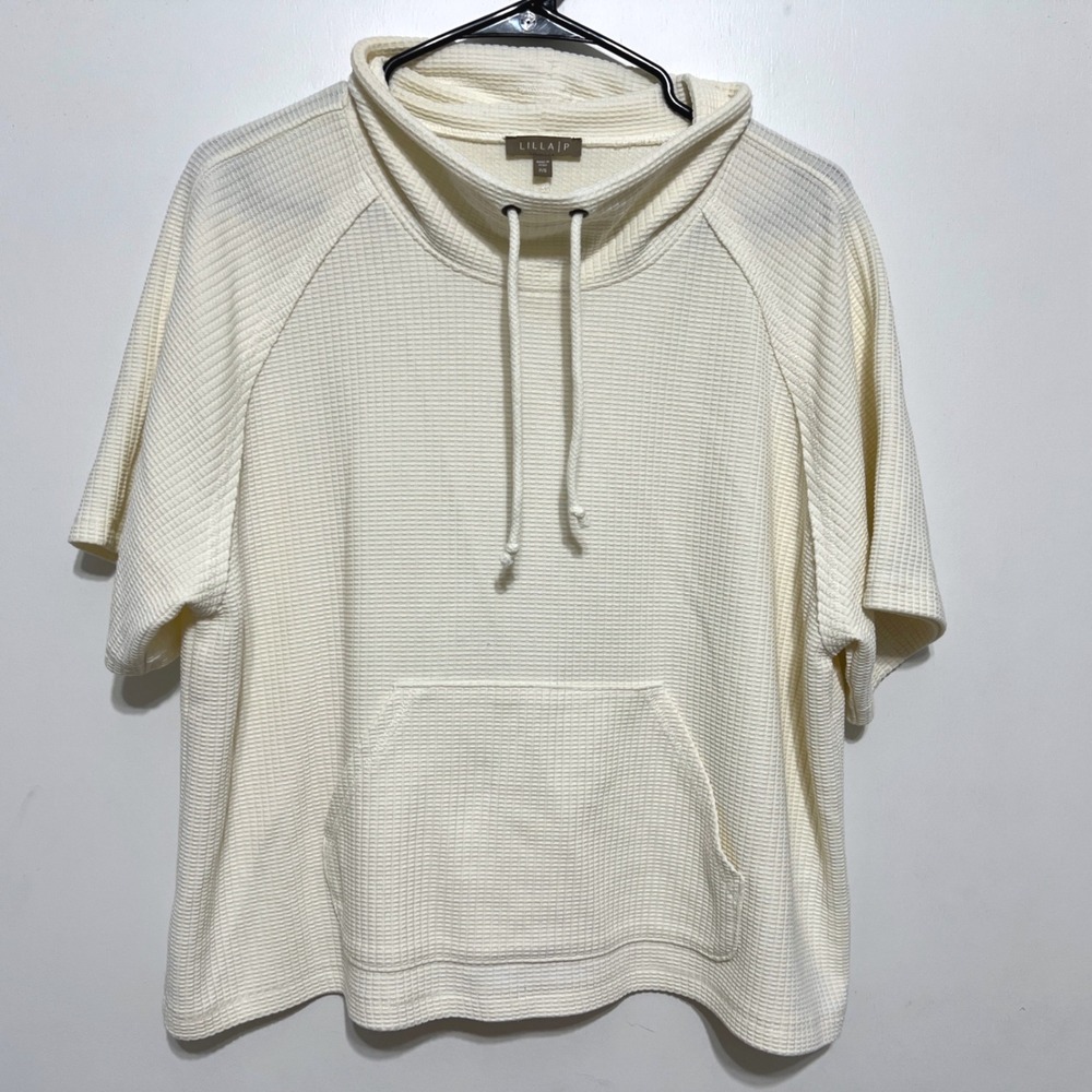 Lilla P Waffle Knit‎ Funnel Neck Pullover Womens P/S Cream Short Sleeve